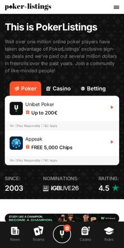 Podgląd witryny PokerListings, medium z kraju Stany Zjednoczone do artykułów sponsorowanych