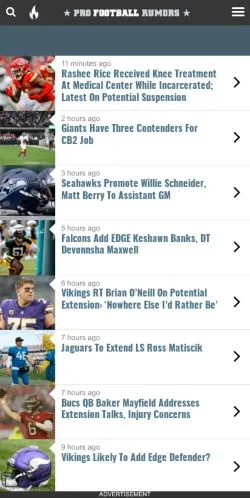 Aperçu du site ProFootballRumors, média de États-Unis pour articles sponsorisés