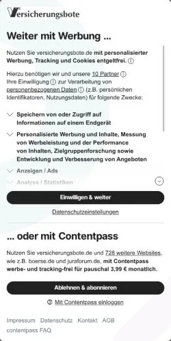 Podgląd witryny Versicherungsbote, medium z kraju Niemcy do artykułów sponsorowanych