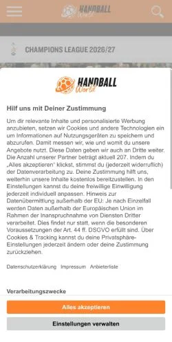 Podgląd witryny Handball-World, medium z kraju Niemcy do artykułów sponsorowanych