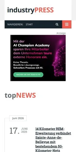 スポンサード記事向けのドイツメディア、industryPRESSのサイトプレビュー