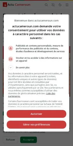 Aperçu du site Actu Cameroun, média de France pour articles sponsorisés