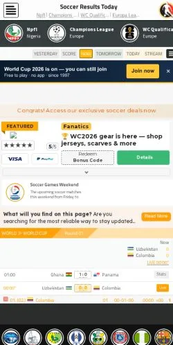 Anteprima del sito SoccerResults, media di Stati Uniti per articoli sponsorizzati