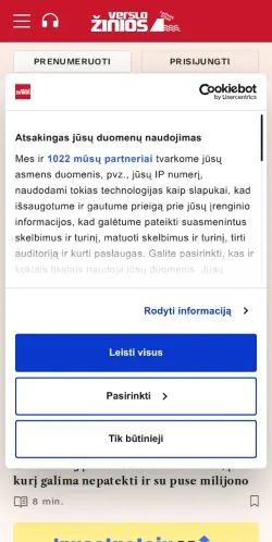 Preview of the Verslo Žinios website, a media outlet in Lithuania for sponsored articles