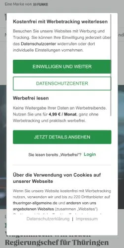 Podgląd witryny Thüringer Allgemeine, medium z kraju Niemcy do artykułów sponsorowanych