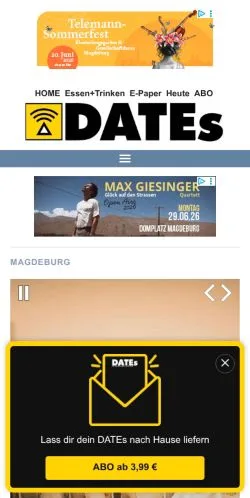 Förhandsvisning av webbplatsen Stadtmagazin DATEs, medium i Tyskland för sponsrade artiklar