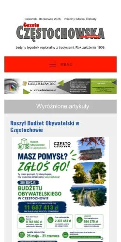 Pré-visualização do site Gazeta Częstochowska, meio de Polônia para artigos patrocinados