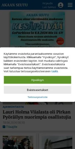 Vista previa del sitio Akaan Seutu, medio de Finlandia para artículos patrocinados