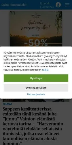 Vista previa del sitio Sydän-Hämeen Lehti, medio de Finlandia para artículos patrocinados