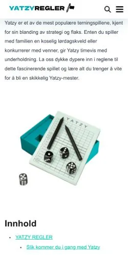 Anteprima del sito Yatzy Regler, media di Norvegia per articoli sponsorizzati