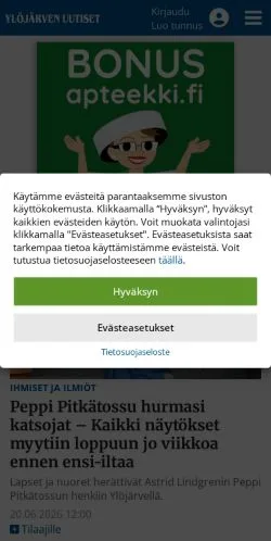 스폰서 기사용 핀란드 매체 Ylöjärven Uutiset 사이트 미리보기