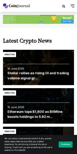 Pré-visualização do site CoinJournal, meio de Estados Unidos para artigos patrocinados