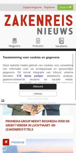 Anteprima del sito Zakenreisnieuws, media di Paesi Bassi per articoli sponsorizzati