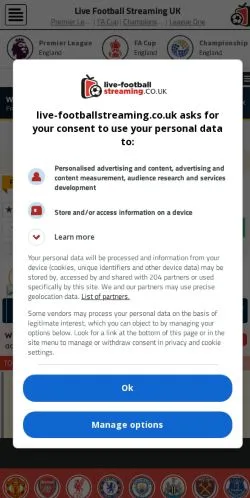 Anteprima del sito Live Football Streaming, media di Regno Unito per articoli sponsorizzati