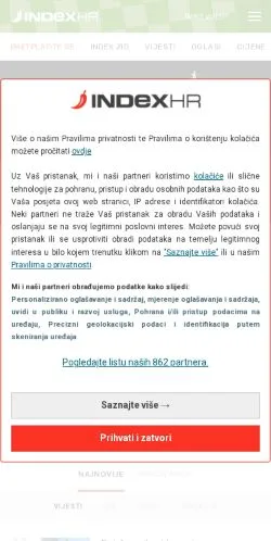 Preview of the Index.hr website, a media outlet in Croatia for sponsored articles
