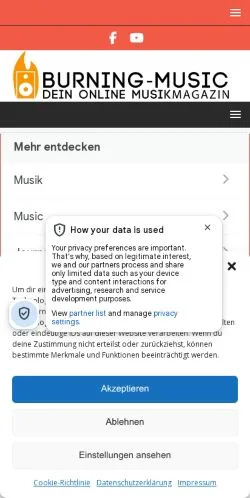 Anteprima del sito Burning Music, media di Germania per articoli sponsorizzati