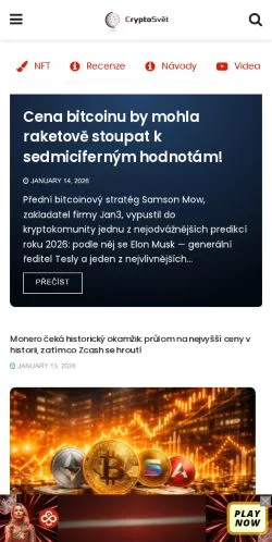 Pré-visualização do site CryptoSvet, meio de Tchéquia para artigos patrocinados