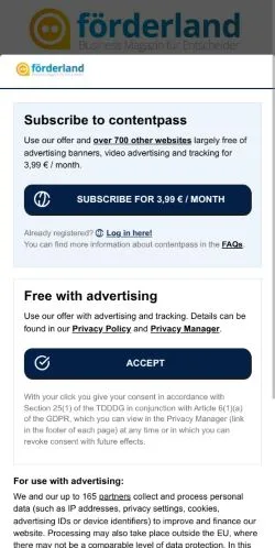 Anteprima del sito Förderland Für Unternehmer, media di Germania per articoli sponsorizzati