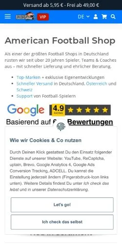 Anteprima del sito American Football Shop, media di Germania per articoli sponsorizzati