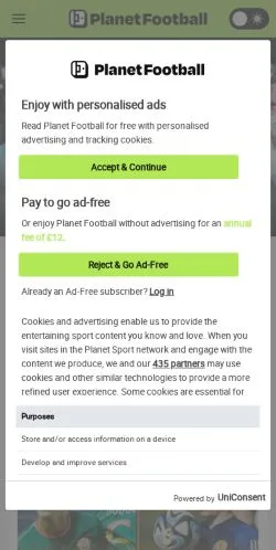 Anteprima del sito Planet Football, media di Regno Unito per articoli sponsorizzati