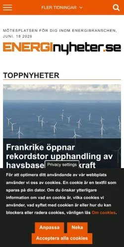 Anteprima del sito Energinyheter, media di Svezia per articoli sponsorizzati
