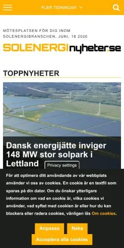 스폰서 기사용 스웨덴 매체 Solenerginyheter 사이트 미리보기
