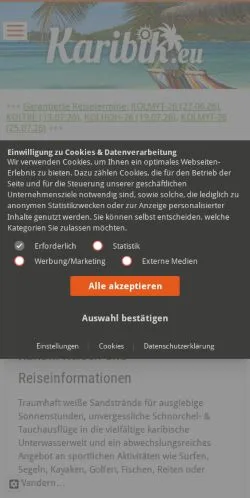 Anteprima del sito Karibik Reiseportal, media di Germania per articoli sponsorizzati