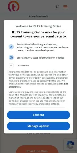 Voorbeeld van de site IELTS Training Online, medium uit Verenigde Staten voor gesponsorde artikelen