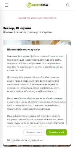 Podgląd witryny Nikopol Today, medium z kraju Ukraina do artykułów sponsorowanych