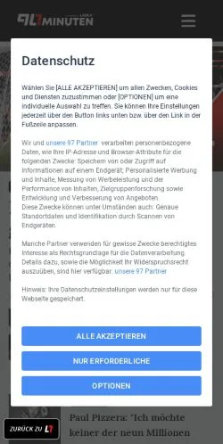Anteprima del sito 90minuten, media di Austria per articoli sponsorizzati