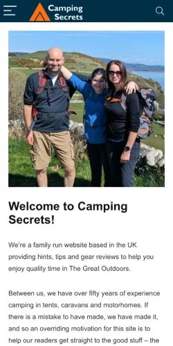 Anteprima del sito Camping Secrets, media di Regno Unito per articoli sponsorizzati