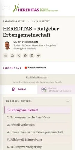 Vista previa del sitio Hereditas, medio de Alemania para artículos patrocinados