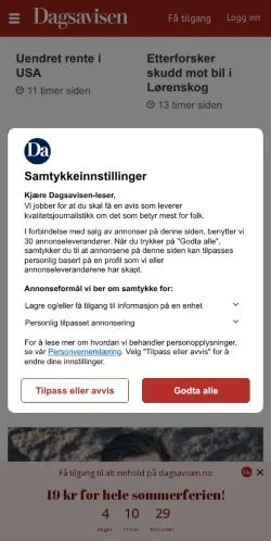 Anteprima del sito Dagsavisen, media di Norvegia per articoli sponsorizzati