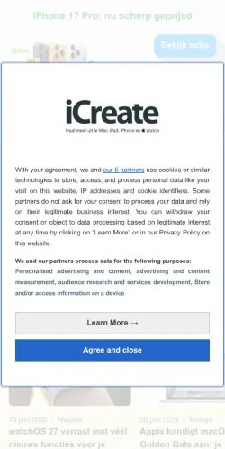 Vista previa del sitio iCreate, medio de Países Bajos para artículos patrocinados