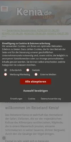 Forhåndsvisning av nettstedet Kenia Reisen, medium fra Tyskland for sponsede artikler