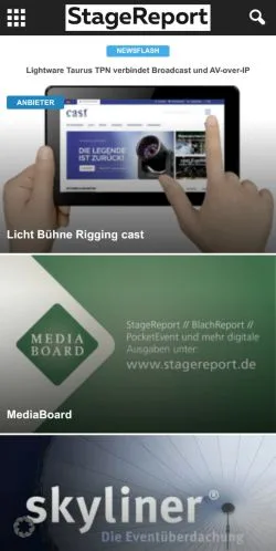Vista previa del sitio StageReport, medio de Alemania para artículos patrocinados
