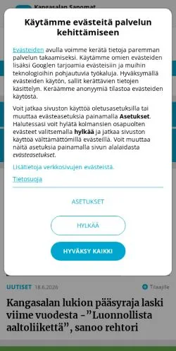 Anteprima del sito Kangasalan Sanomat, media di Finlandia per articoli sponsorizzati