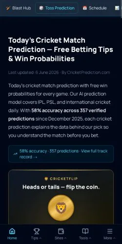 Vista previa del sitio Cricket Prediction, medio de Estados Unidos para artículos patrocinados