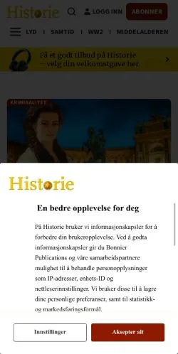 Podgląd witryny Historienet, medium z kraju Norwegia do artykułów sponsorowanych