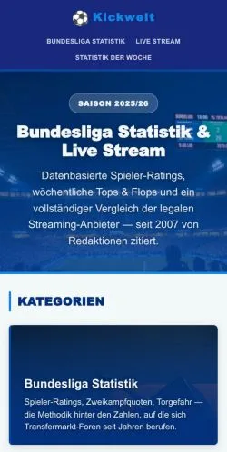 Vista previa del sitio Kickwelt, medio de Alemania para artículos patrocinados