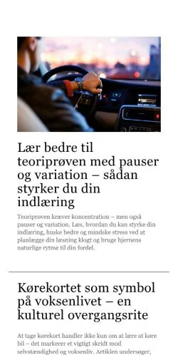 Preview of the koerekortene.dk website, a media outlet in Denmark for sponsored articles