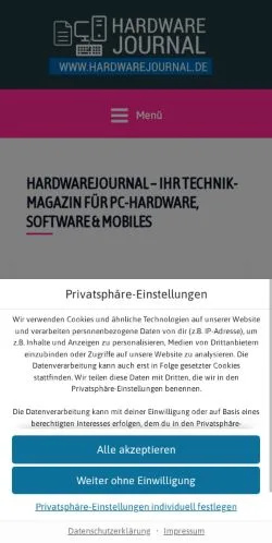 Förhandsvisning av webbplatsen Hardwarejournal, medium i Tyskland för sponsrade artiklar