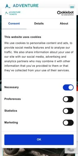 Anteprima del sito AdventureTickets, media di Paesi Bassi per articoli sponsorizzati