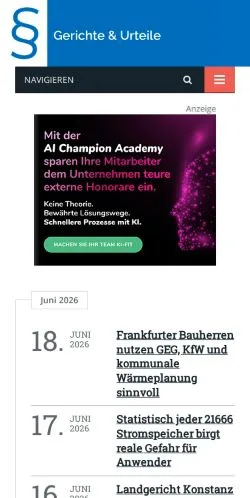 Podgląd witryny Gerichte & Urteile, medium z kraju Niemcy do artykułów sponsorowanych