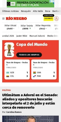 Anteprima del sito Diario Río Negro, media di Argentina per articoli sponsorizzati