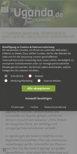 Förhandsvisning av webbplatsen Uganda-Reisen, medium i Tyskland för sponsrade artiklar