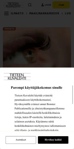 Anteprima del sito Tieteen Kuvalehti, media di Finlandia per articoli sponsorizzati