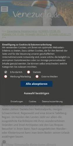 Podgląd witryny Venezuela Reisen, medium z kraju Niemcy do artykułów sponsorowanych