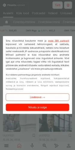Podgląd witryny Finantsuudised, medium z kraju Estonia do artykułów sponsorowanych