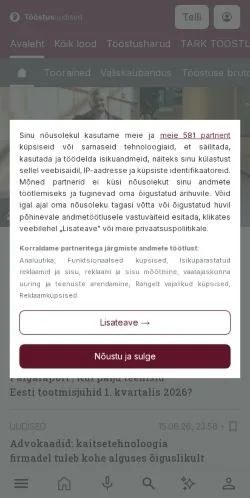 Anteprima del sito Tööstusuudised, media di Estonia per articoli sponsorizzati